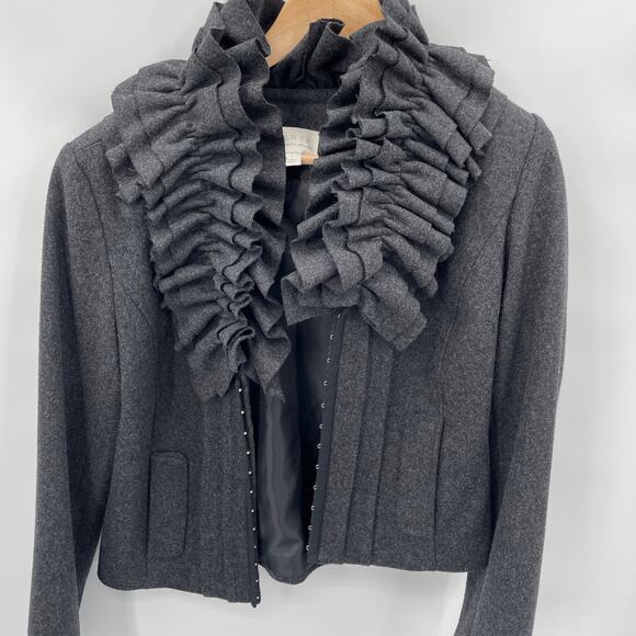 HINGE Grey Wool Blend Ruffle Collar Blazer Jacket // S - Picture 10 of 11